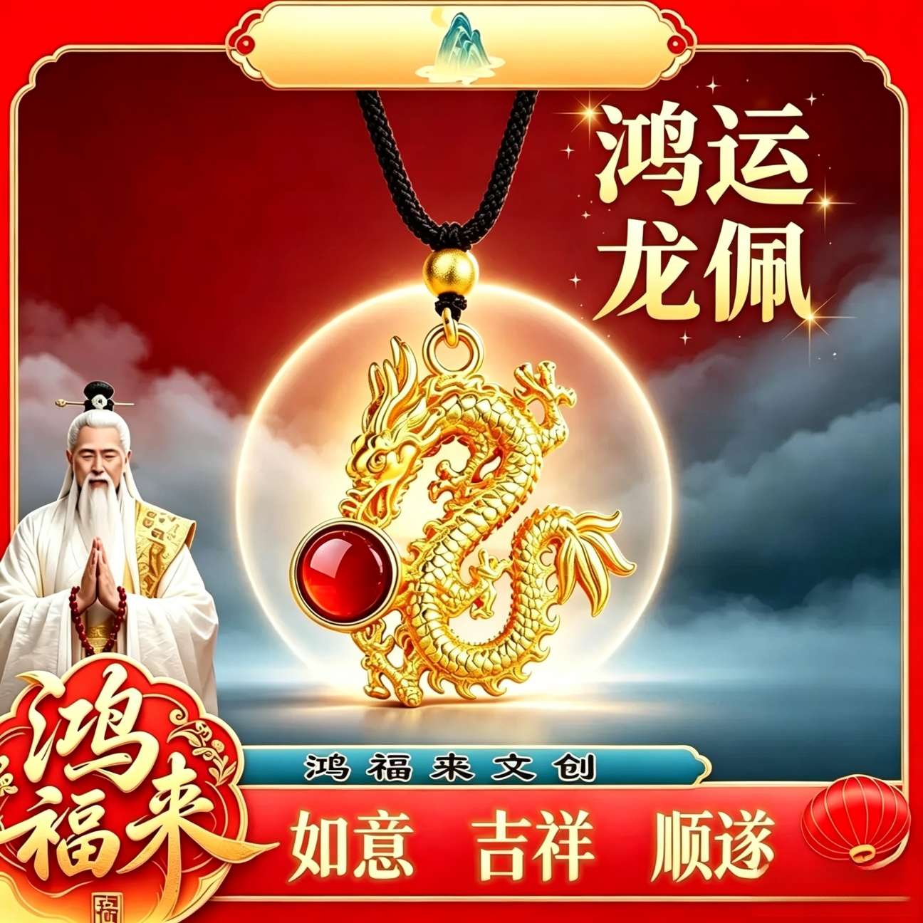 合金吊坠 【推荐】古韵龙佩吊坠古法中国风编绳吊坠 古韵龙吊坠项链+精美礼盒