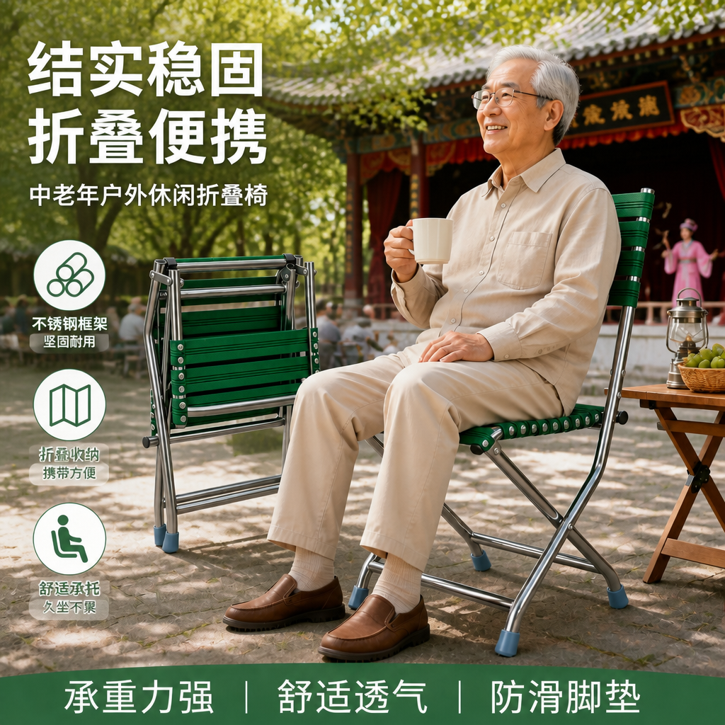 不锈钢折叠椅户外便携钓鱼凳子靠背椅折叠凳折叠椅听戏马扎防滑椅 绿色 大号款椅子*2把+户外折叠小方桌