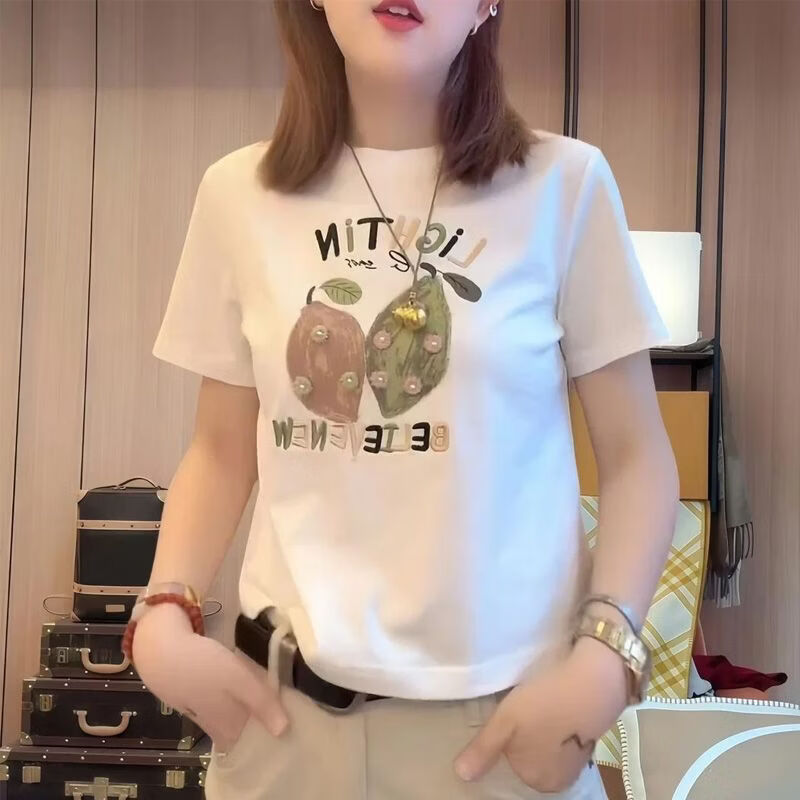 夏季新款韩版印花短袖T恤女花朵刺绣宽松圆领短袖休闲上衣 白色 L (建议105-120斤)
