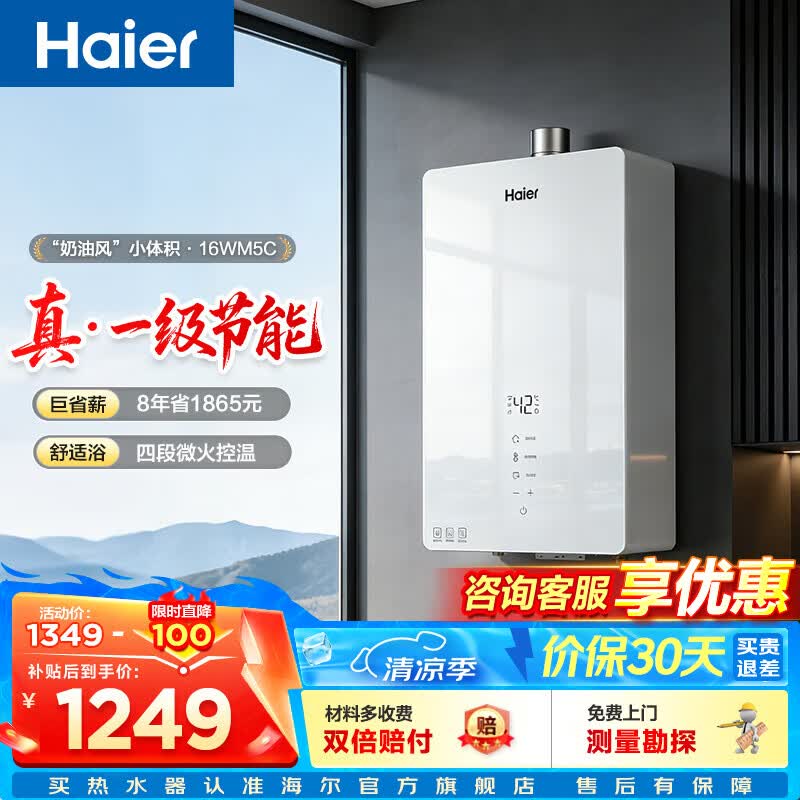 海尔（Haier）【咨询客服领优惠】【一级节能】燃气热水器天然气13/16升强排式增压变频水伺服恒温洗澡防风防水 16L 【彩晶玻璃屏真一级节能】WM5C