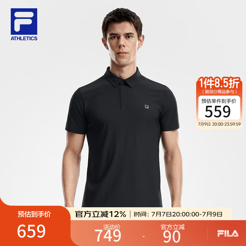 FILA 菁英POLO斐乐官方男子针织短袖POLO衫2026夏季新款防晒上衣 深黑-BK 2XL 185/104A/XXL