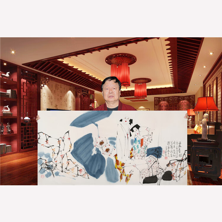王西京国画手绘四尺横幅写意丽春图人物名人字画装饰带收藏合影纯