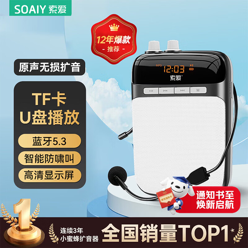 索爱（soaiy）S318小蜜蜂扩音器教师专用蓝牙音箱音响老师教学讲课喇叭腰挂麦克风导游便携式喊话礼物TF卡U盘 黑