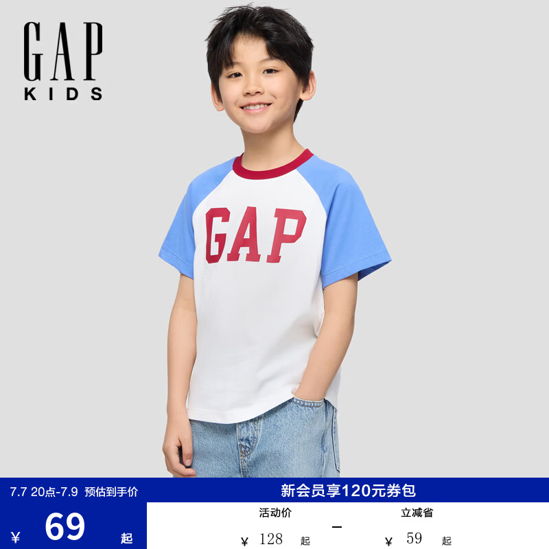 盖璞Gap【大小童同款】男女童2026春季新款纯棉logo印花插肩袖短袖T恤 蓝色 867597/ 893459 110 cm(4-5岁) 亚洲尺码