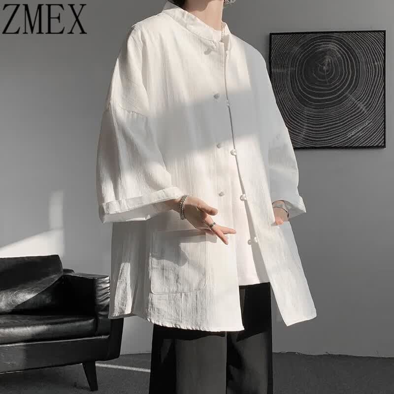 ZMEX新中式男装国风马褂男士亚麻短袖唐装道袍外套盘扣诘襟衬衫汉服男 白色[七分袖] 4XL高性价比高么？