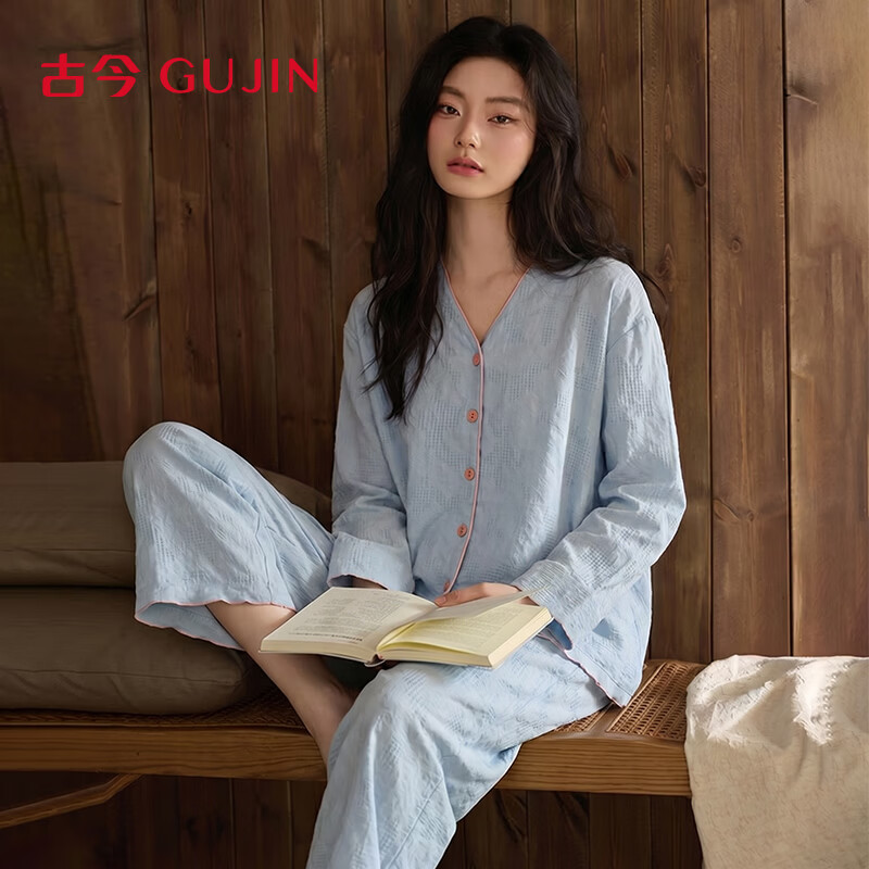 古今（GUJIN）100%棉双层棉纱纯棉睡衣女2026新款春秋季冬天家居服睡裤套装L