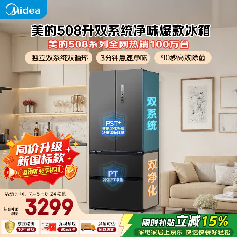美的508L法式四开门冰箱双系统双循环一级能效除菌净味风冷无霜大容量BCD-508WTPZM(E)灰国家补贴