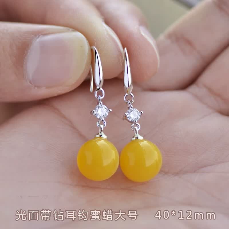京滔蜜蜡耳饰圆珠耳坠鸡油黄蜜蜡耳环女银琥珀民族风转运珠老蜡耳饰血 新款耳钩蜜蜡大号12mm