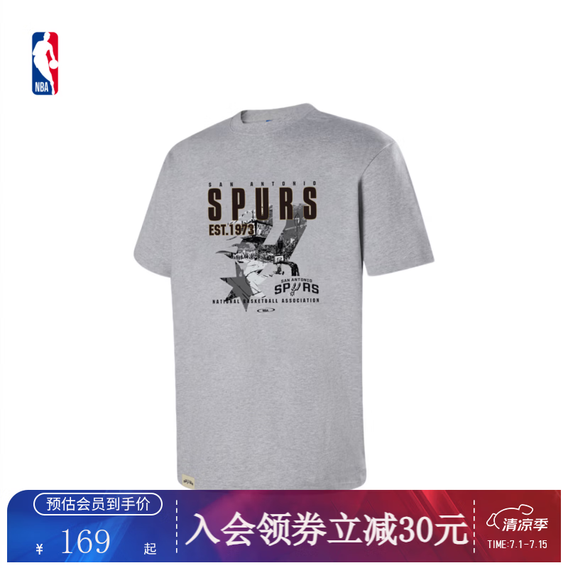 NBA官方26夏季新款马刺雷霆骑士纯棉透气通勤百搭短袖T恤男女 灰(圣安东尼奥马刺) XL