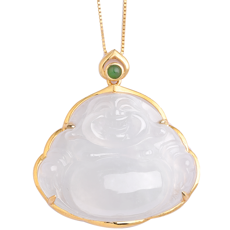 祥禎福珠寶（XIANGZHENFU JEWELRY）「笑口常開(kāi)」翡翠吊墜女玉佛白冰笑佛掛墜18K金鑲玉墜 金色