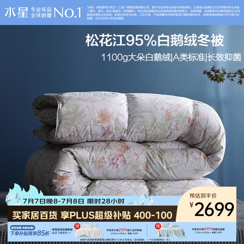 水星家纺羽绒被95%白鹅绒被子冬季加厚冬被芯双人羽绒被220cm×240cm1100g