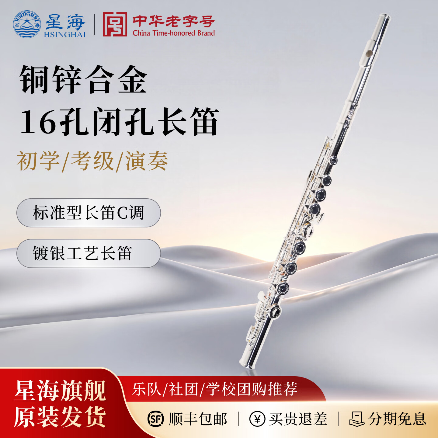 星海长笛乐器C调16孔C键初学者入门笛子考级演奏入门款 XF-100型C调16孔长笛