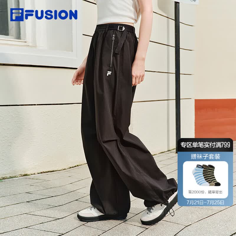 FILA FUSION斐乐潮牌梭织长裤女2026秋新款宽松裤子休闲裤阔腿裤 正黑色-BK L 170/70A/L