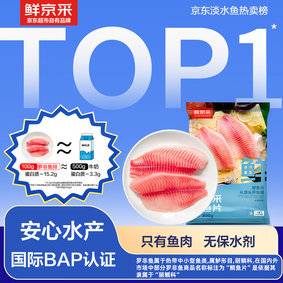 鲜京采去骨去刺鲷鱼片/罗非鱼排净重800g/7-9片高蛋白【京东自有品牌】