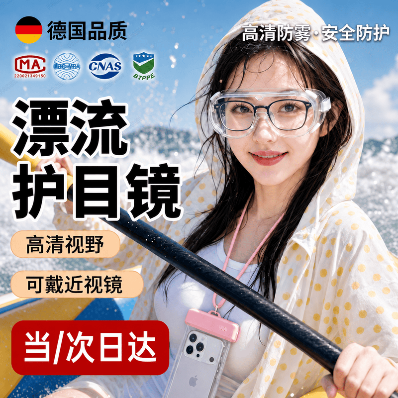 FACE MINI漂流护目镜游泳防水护目镜可戴近视镜防雾防水防飞溅眼镜划船泼水节水上乐园漂流装备