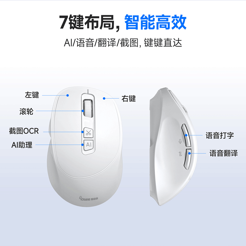IDSEE爱迪森AI智能鼠标语音输入无线蓝牙双模智能写作翻译办公游戏通用人体工学静音充电鼠标 珍珠白 锐思启航版(无会议功能)