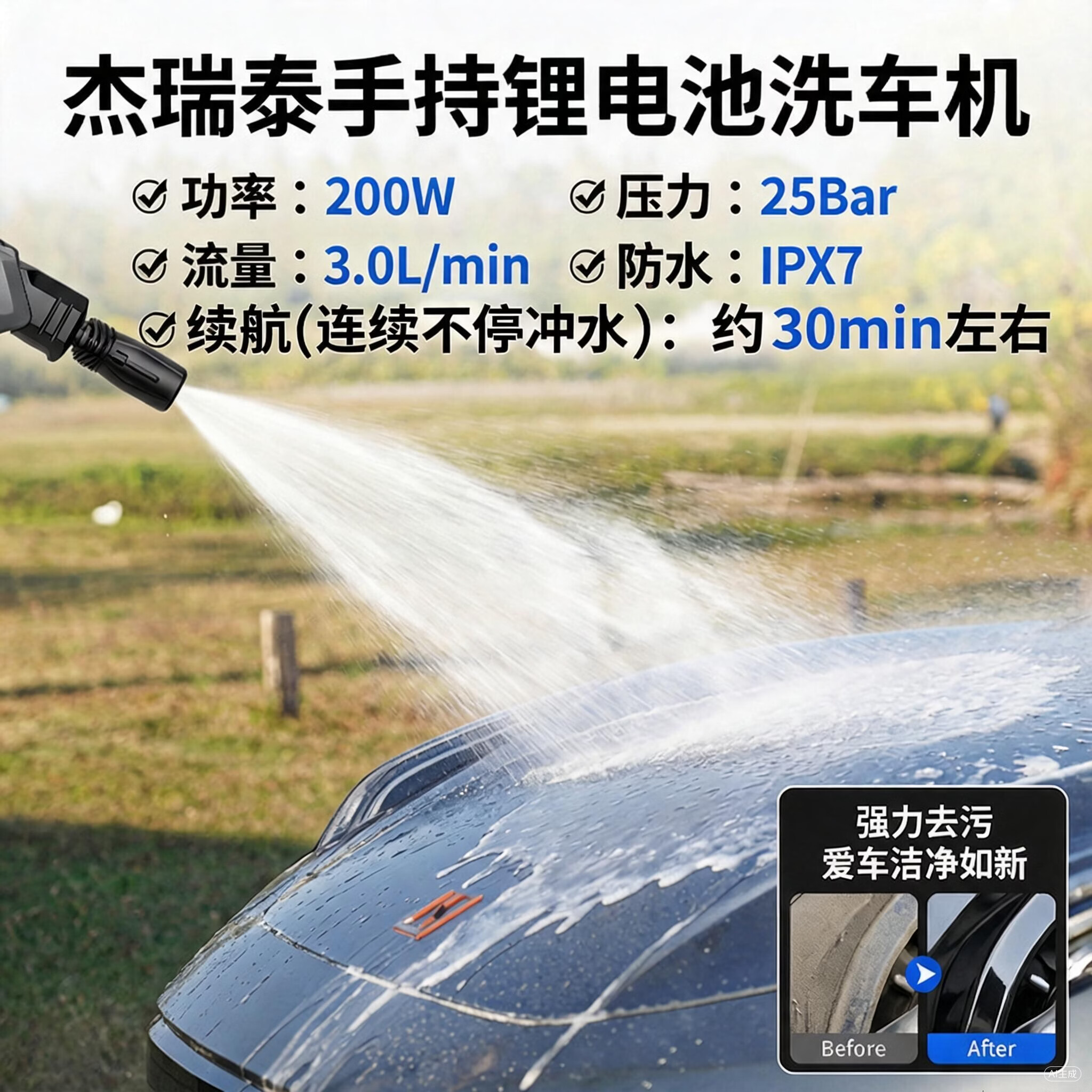 杰瑞泰(JERRYTEC)汽车无线洗车机洗车枪高压枪水枪洗车神器冲洗机纯铜电机五米水管 200W 洗车套装单电-水蜡毛巾水桶