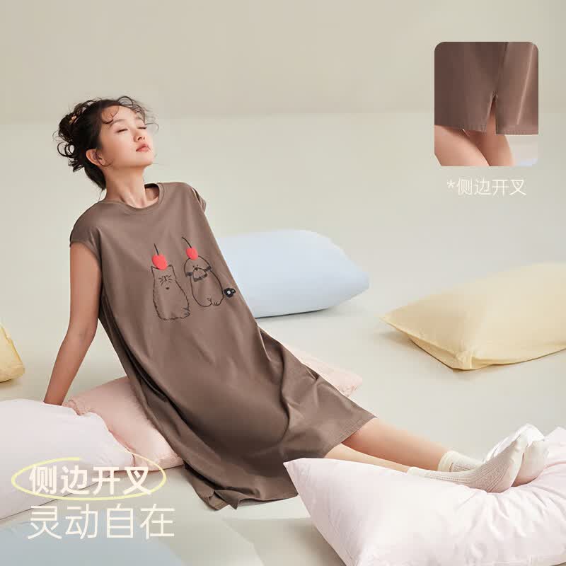 安之伴【巨凉感】宽松睡裙女夏季纯棉可爱印花可外穿家居服睡衣 橡子褐【超舒适-柔软好眠】 L