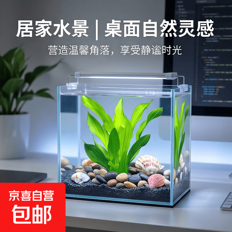 高清热弯玻璃鱼缸 透明家庭一体客厅桌面水草缸龟缸生态溪流 养鱼大礼包