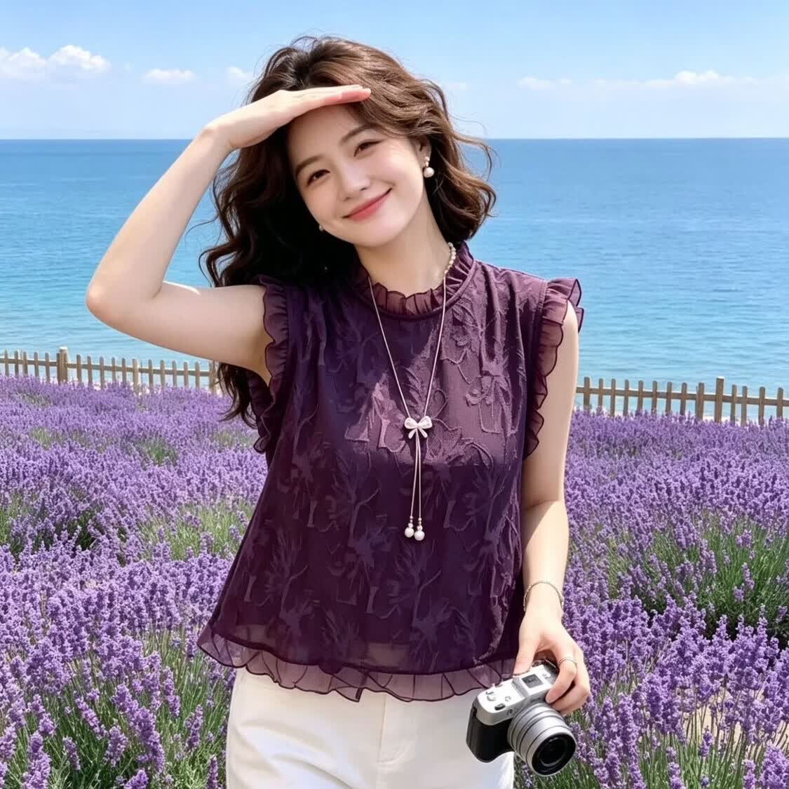 2026新款夏季紫色气质爆款无袖衬衫荷叶边领显瘦贵气感女士上衣 紫色 XL 建议体重（105-115斤）
