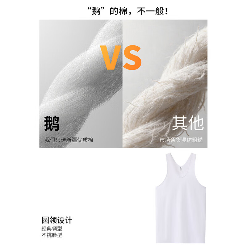 鹅牌男士纯棉圆领背心打底外穿运动健身内穿舒适薄透气汗衫(两枚装) 白+白 4XL