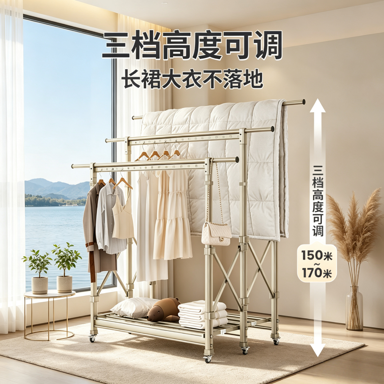 宾太晾衣架落地折叠阳台挂衣架铝合金落地架衣服架子 【香槟灰】1.5米-2.5米+双升降+铝合金鞋架+万向轮