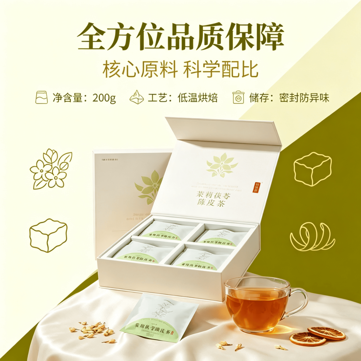 另善堂茉莉花陈皮茯苓茶排浊气体香花茶中药材祛湿喝出体香养颜水养生茶 【体香来了】茉莉茯苓陈皮茶 200g*4盒 【茶色清香】茉莉花陈皮茯苓茶