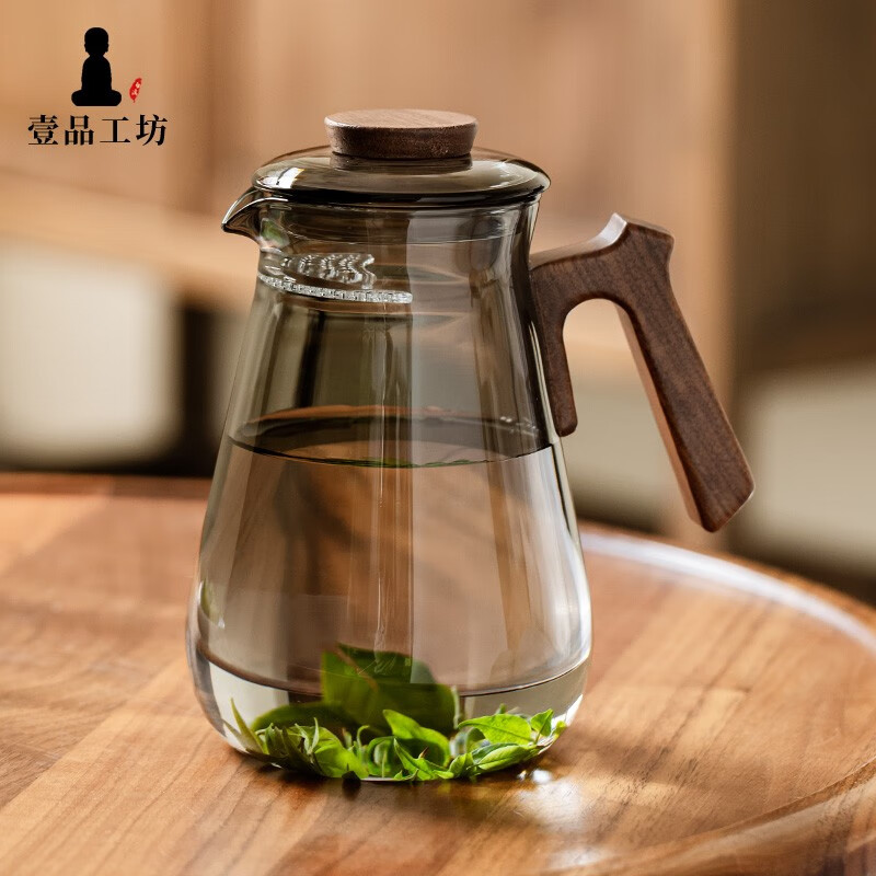 一品工坊公道杯泡绿茶杯过滤茶水分离泡茶杯家用大容量带把玻璃公杯分茶器 月牙公道杯 透黑+盖子