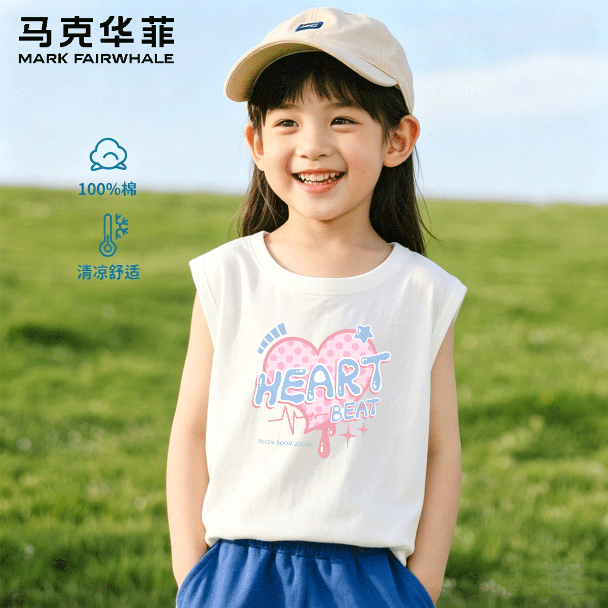 MARK FAIRWHALE马克华菲儿童背心新款夏季2026可爱帅气学生宽松纯棉内搭无袖T恤 J滴爱心白色 130