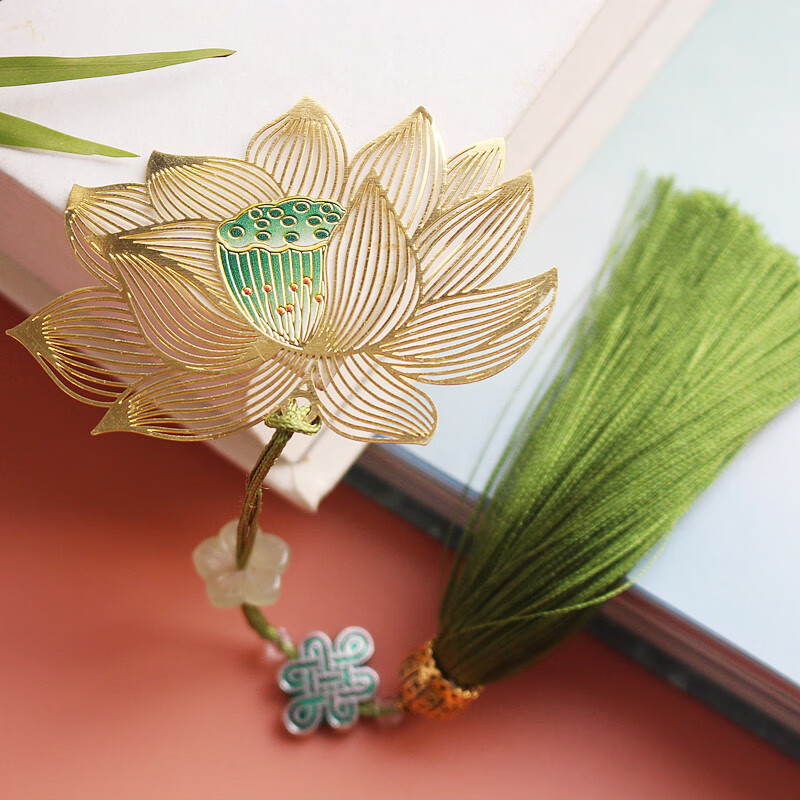 金属黄铜金莲花中国结流苏荷花书签礼品书签赠友人 彩荷流苏信封装