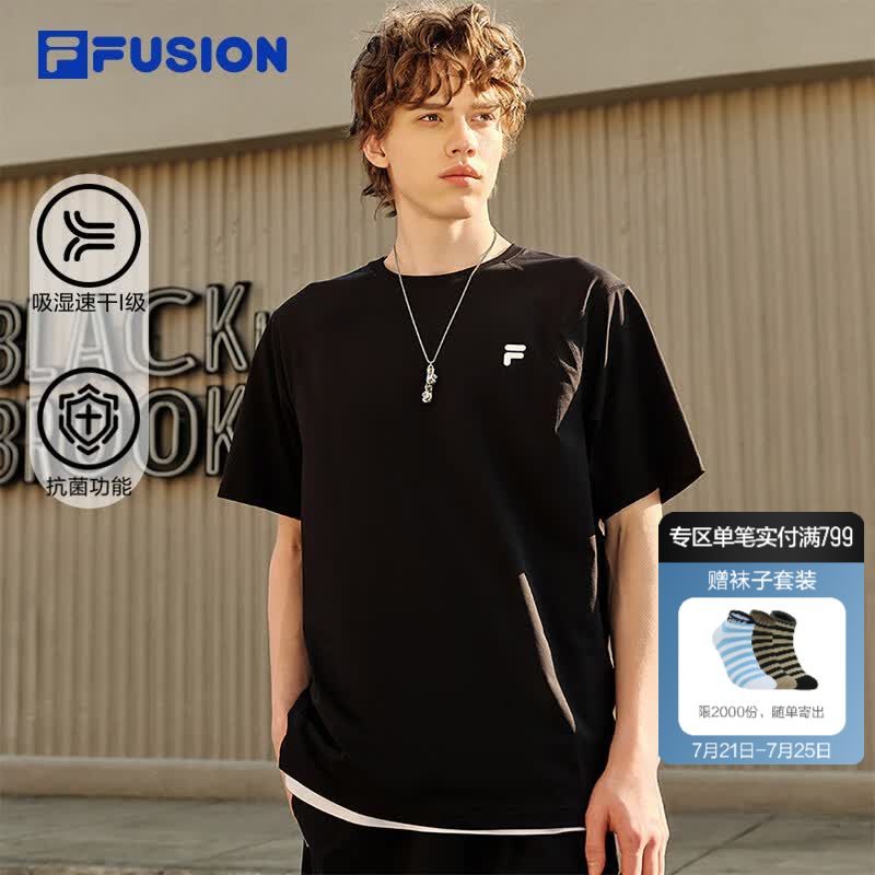 FILA FUSION斐乐潮牌情侣款短袖衫2026夏新款吸湿速干抗菌运动T恤 正黑色-BK XL 180/100A/XL
