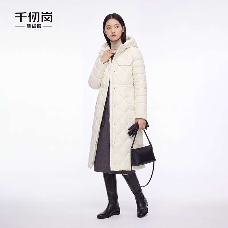 千仞岗90白鸭绒高蓬松度高清洁度冬季羽绒服女士中长款连帽外套 奶油白 XS (155)