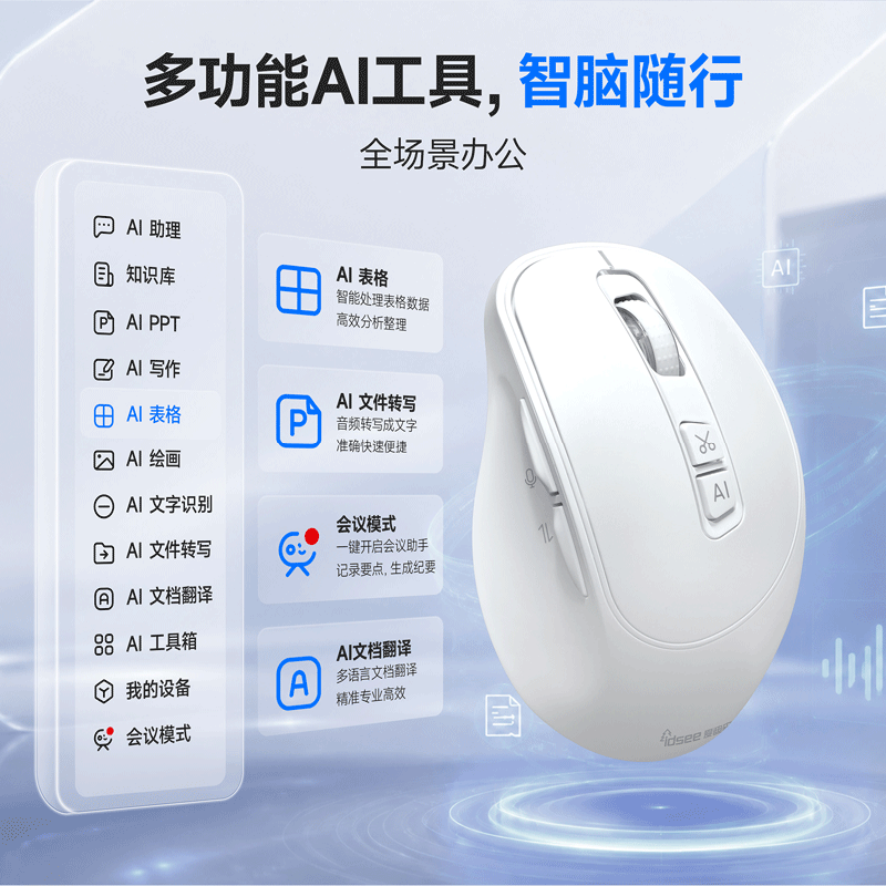 IDSEE爱迪森AI智能鼠标语音输入无线蓝牙双模智能写作翻译办公游戏通用人体工学静音充电鼠标 珍珠白 锐思启航版(无会议功能)