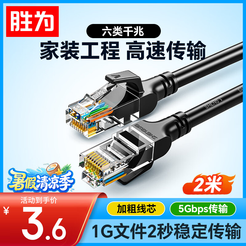 胜为六类网线 2米千兆高速5g宽带网络CAT6类家用电脑笔记本路由器成品跳线兼容2.5g双接头LC-1202G