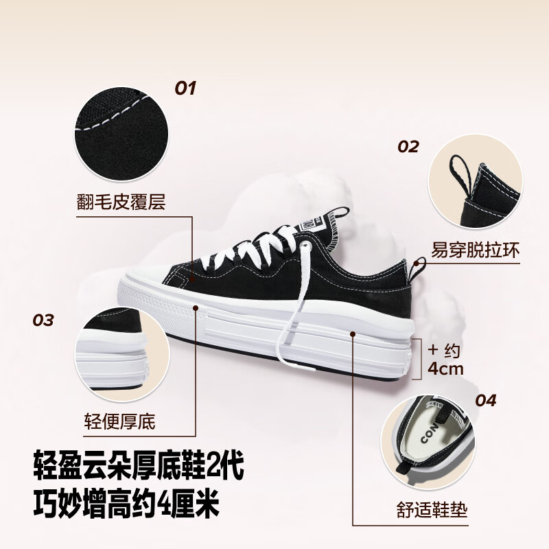 匡威（Converse）AllStarMoveSE秋季新品云朵厚底鞋2代云雾粉A25040C 复古黑 37