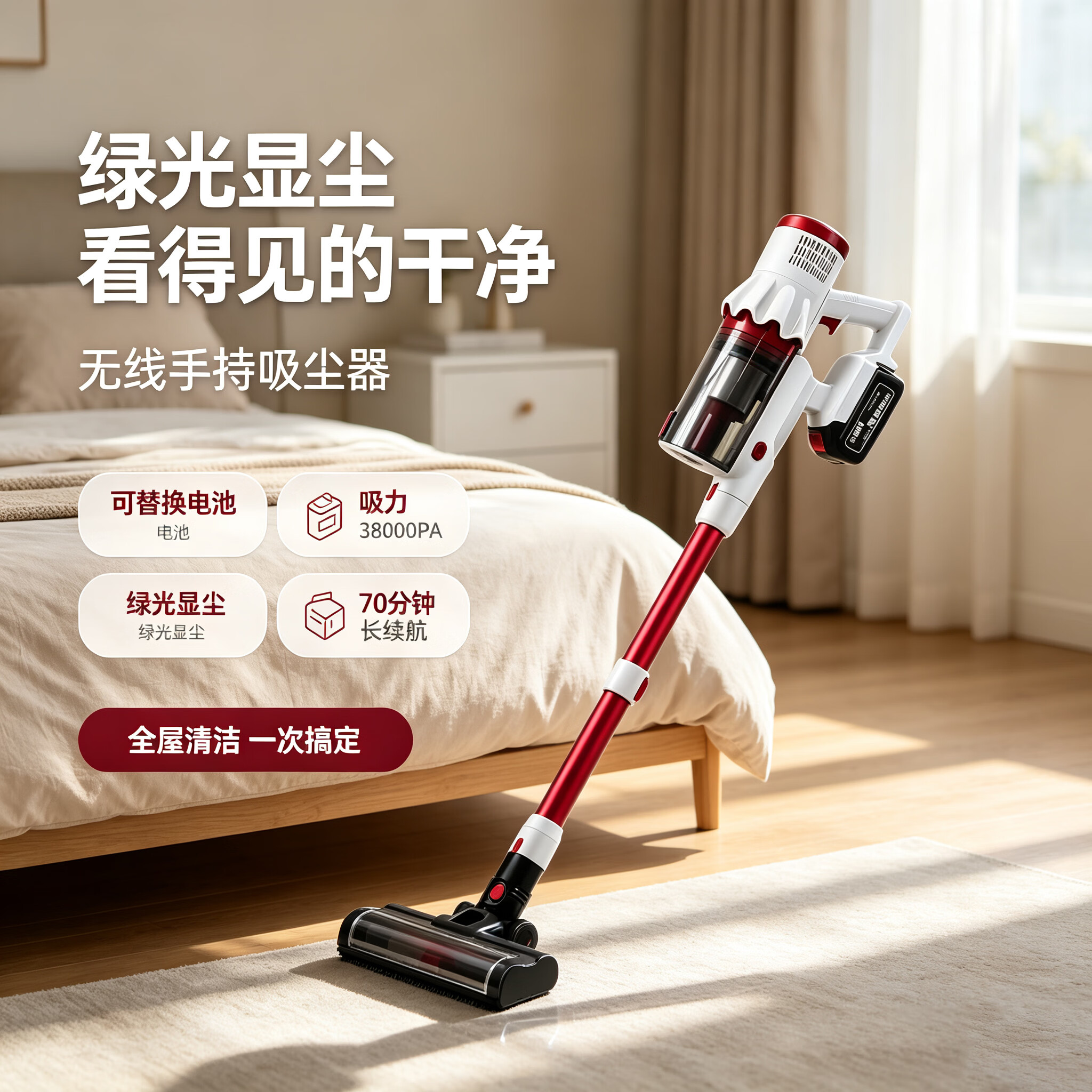 MOTOFEEL车载吸尘器新款超强吸力车用大吸力续航时间久无线汽车家用手持吸拖一体 吸尘器（2电池带充电器）
