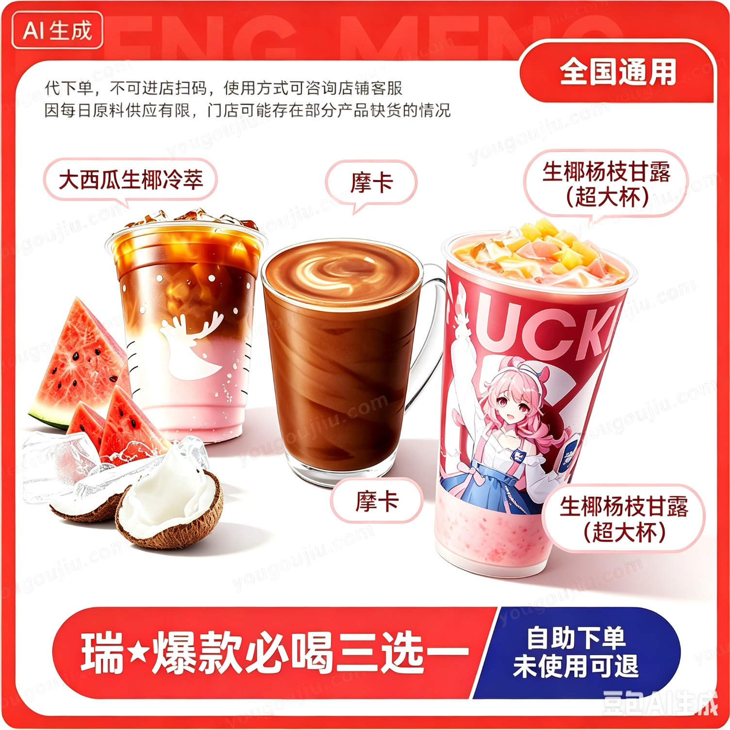 瑞幸咖啡 摩卡/生椰杨枝甘露（超大杯）/大西瓜生椰冷萃 超值必喝饮品 团购优惠代下单 到店取餐
