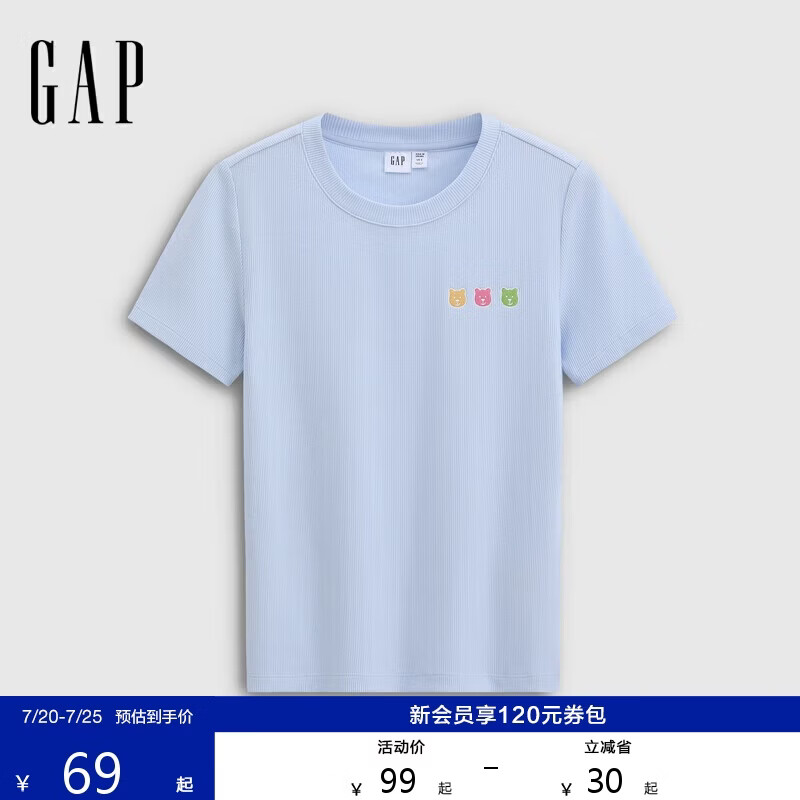 盖璞（GAP）女装2026春季新款彩色小熊刺绣针织短袖T恤休闲上衣858699