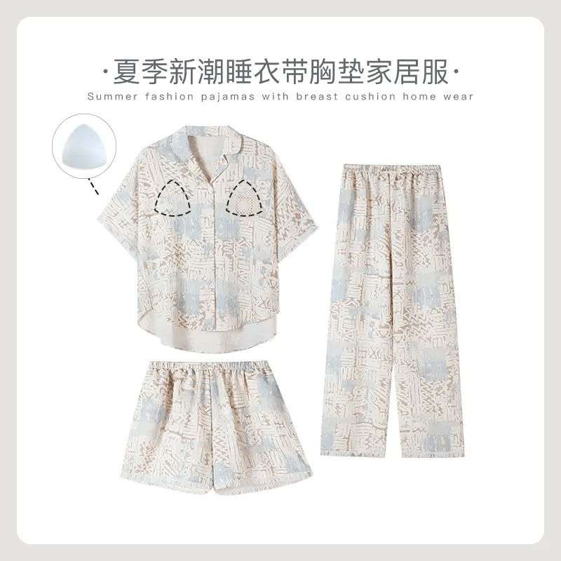 云朵棉睡衣女款夏季带胸垫新款花边流苏短袖短裤长裤三件套家居服 三件套【胸垫款】 XL (120-140斤)