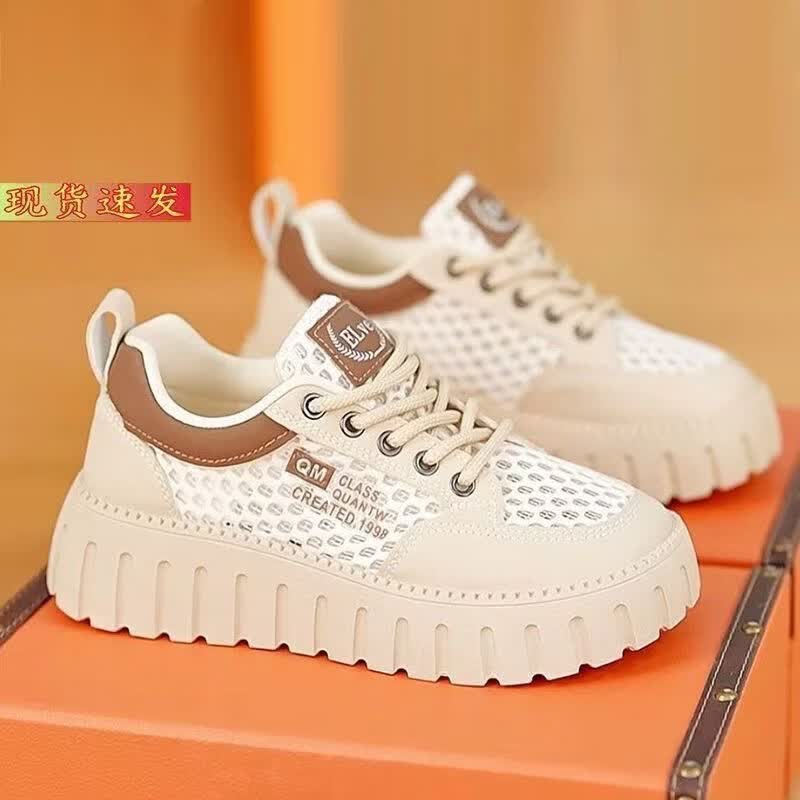 【出口品质】夏季女鞋网面小白鞋新款透气增高运动休闲板鞋潮鞋 卡其 37
