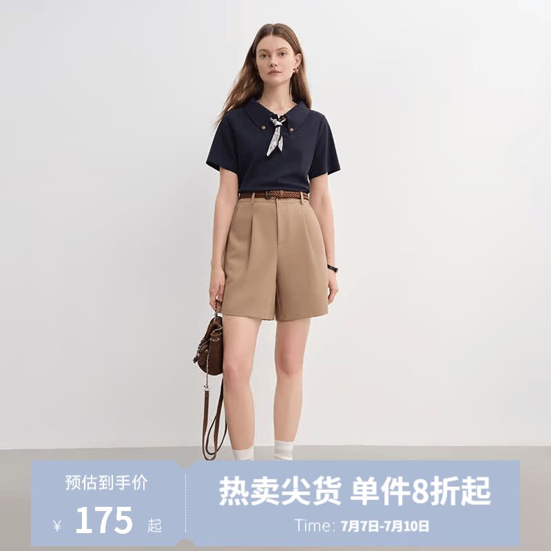 独束大码女装腰果花丝巾T恤POLO领短袖女2025新款宽松减龄显瘦T恤 藏青 M （尺码：1）