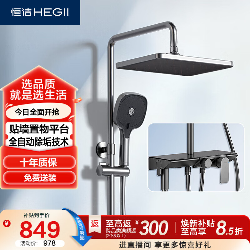 恒洁（HEGII）淋浴花洒D30 除垢自洁贴墙大平台增压花洒DMF972-334-SH