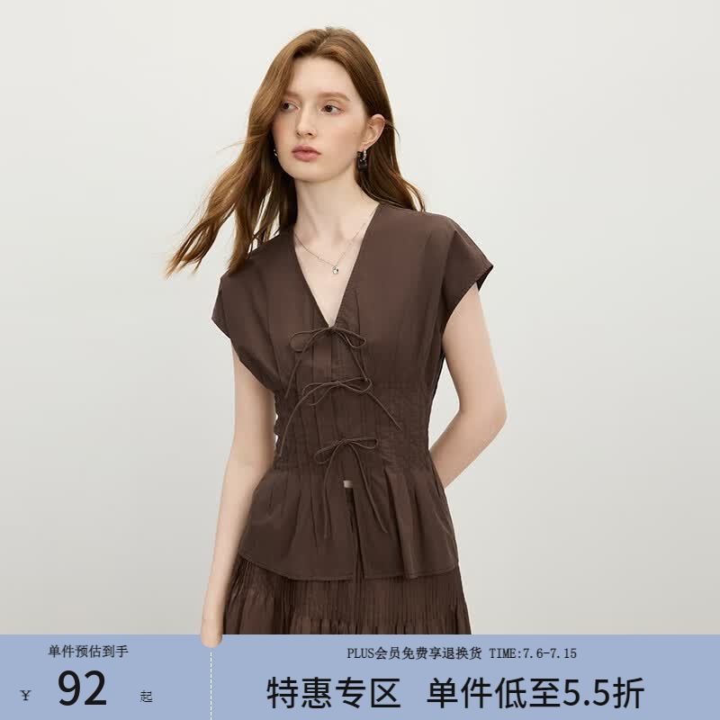 范思蓝恩摩登蝴蝶结系带收腰衬衫女2025夏新款连肩袖v领上衣2737 咖啡色 L