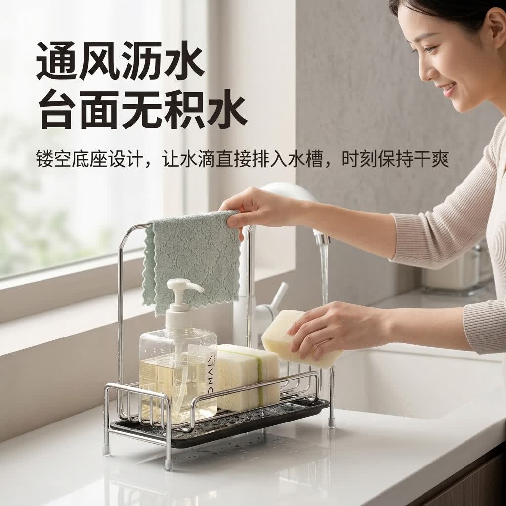 护家厨房抹布收纳架海绵沥水架台面置物架子水槽边洗碗百洁布收纳神器 【实心不锈钢】沥水架+抹布杆