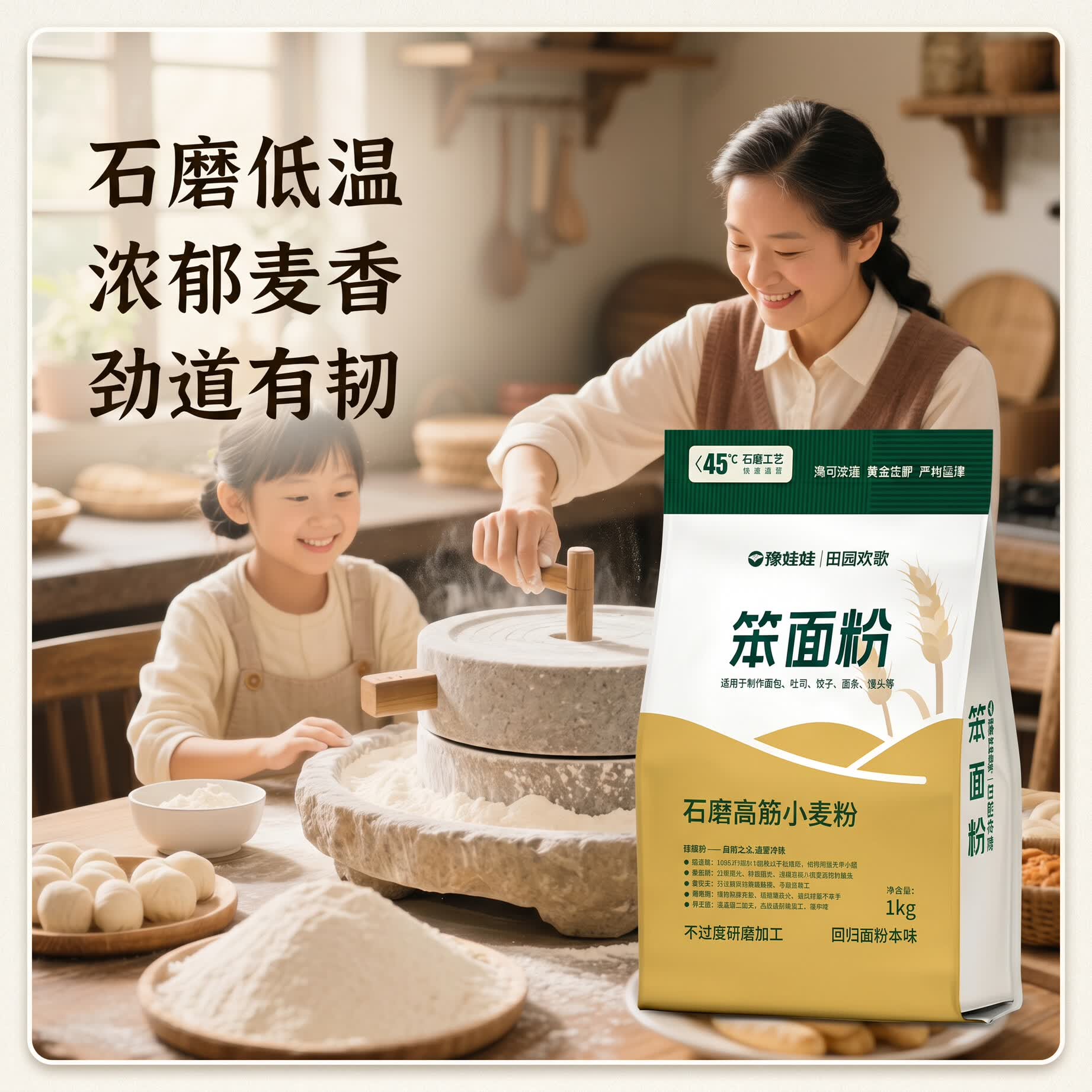豫娃娃石磨高筋小麦粉2斤 烘焙原料 无添加面粉 早餐面包机用面粉