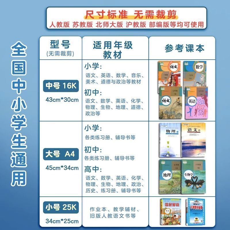 智权【开学特惠】学生课本包书膜透明套式书皮书套防水环保书壳保护套 30张【大10中10小10】+姓名贴