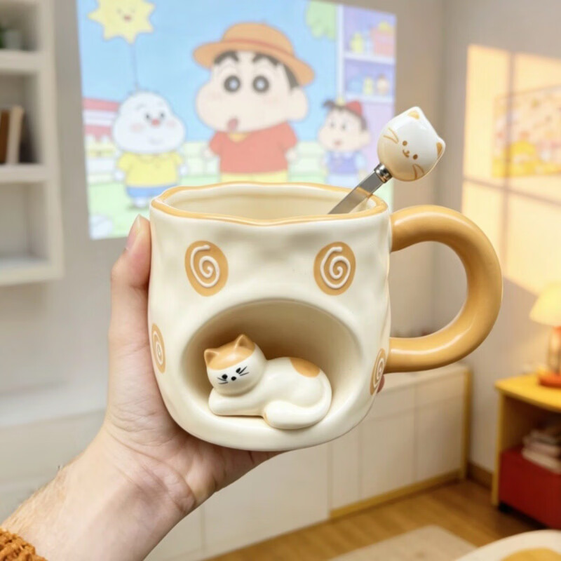 儿童水杯马克杯可爱卡通陶瓷高颜值家用女生生日礼物伴手礼品情侣 黄色猫窝杯-杯+猫勺 (卡通礼盒装)