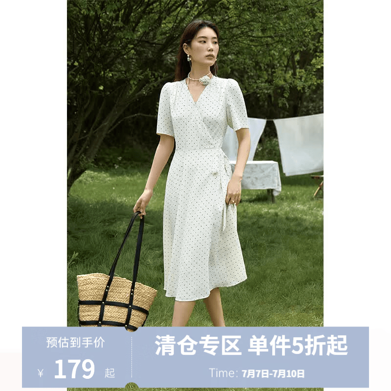 独束大码女装法式V领复古波点连衣裙夏季新款微胖mm灵动百搭女裙 米白 M (尺码：1)