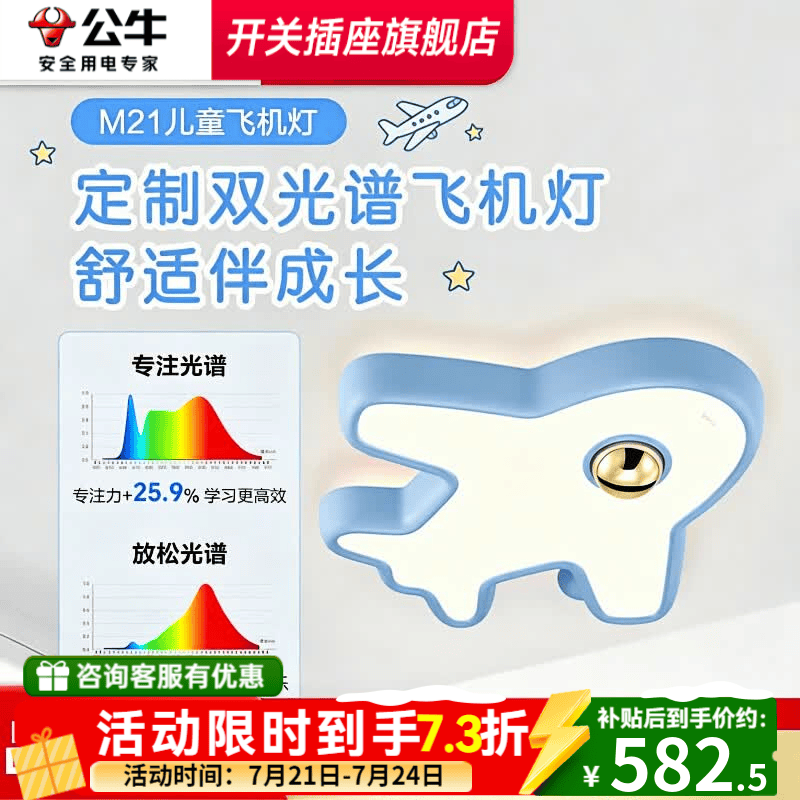 公牛（BULL）led儿童房吸顶灯飞机款灯男孩女孩卧室全光谱护眼灯具 45W 18㎡内适用 双光飞机款吸顶灯离线语音四段调光