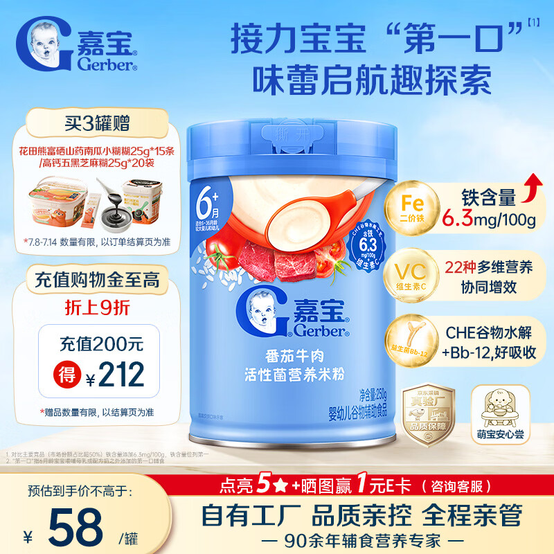 嘉宝（GERBER）番茄牛肉谷物高铁米粉婴幼儿米粉宝宝辅食米糊250g6月+100%真验厂